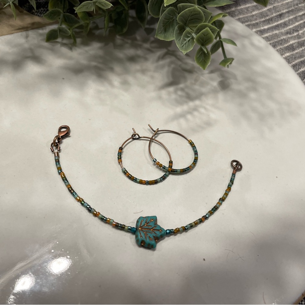 Handmade Boho Fall Leaf Beaded Bracelet and Earring Set